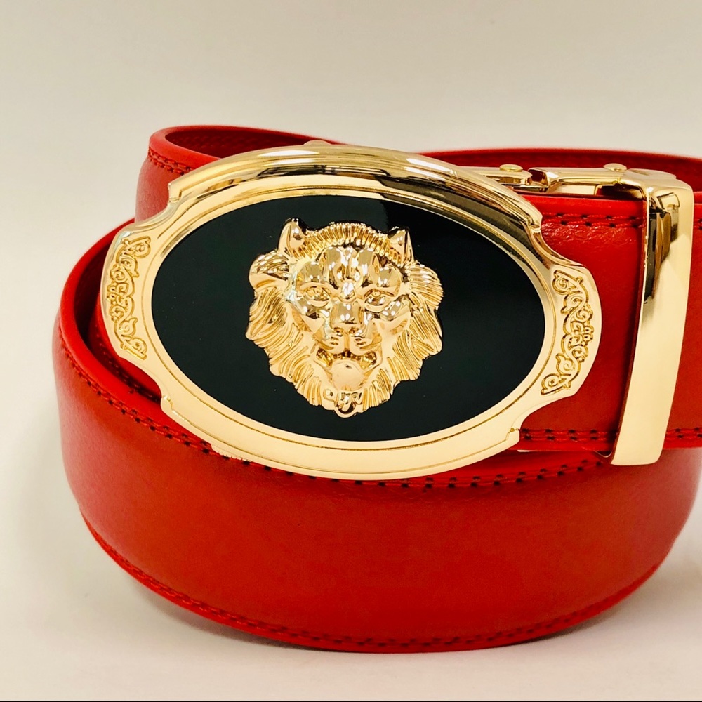 Red Belt Slide Belt Oval Gold Buckle Not‎ Holes Slide Belt Fashion Street Wear